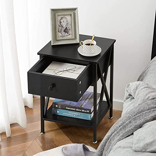 Vecelo End Tables Set Of 2, Modern Nightstands With Drawer& Shelf, Night Stand For Bedroom Living Room,Industrial Metal Frame, 2 Pack, Black #TOP5