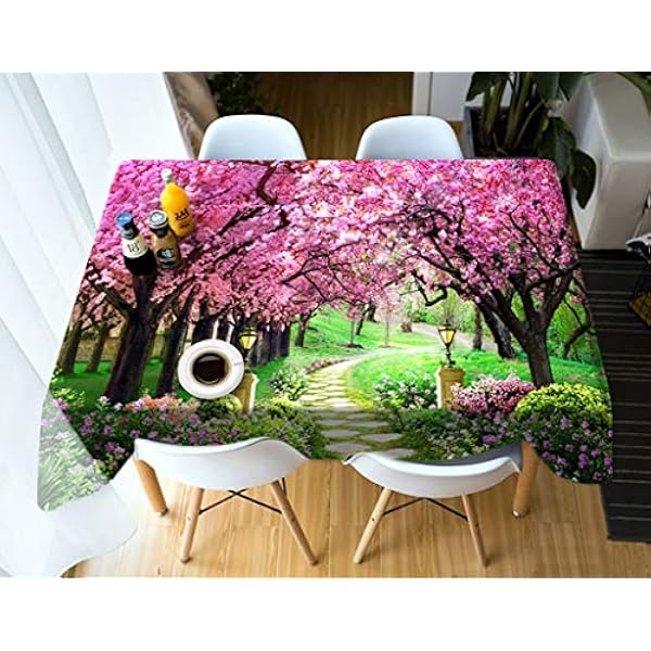 Rectangle Tablecloth in Washable Polyester Dinning Table Cloth Waterproof Garden Cherry Tree Tablecloth Rectangle End Table Pink Green 152x228CM