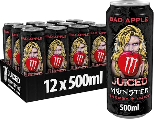 Image of Monster Juiced Energy Drink - Bad Apple Flavor, 500ml Cans (Pack of 12) By COUGAR - Energy + Juice Blend, Bold Apple Taste, High Caffeine & B-Vitamins (IMPORTED-USA)