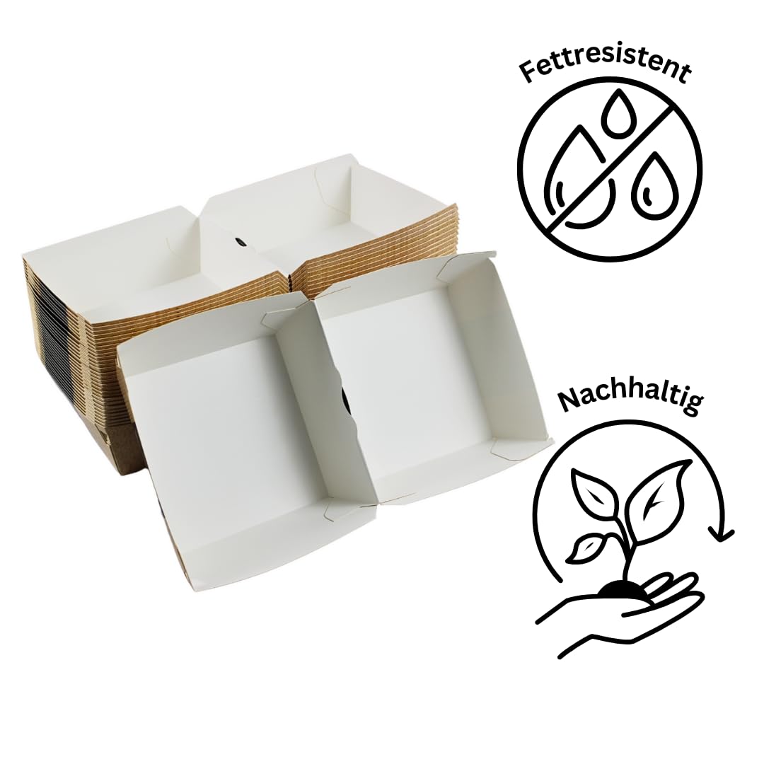 Enpack Burger-Boxen aus Kraftpapier Beige – 100 Stück – 13,5 × 13,5 × 9 cm – Einweg Burger-Schalen mit Klappdeckel, innen beschichtet – Snackbox To Go für Burger, Sandwich & Pommes