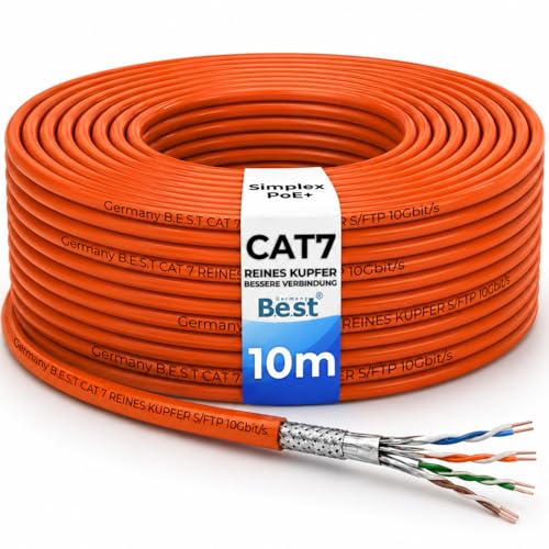 Germany B.e.s.t CAT 7 10M Simplex Netzwerkkabel Verlegekabel Kupfer LAN Kabel Ethernetkabel S/FTP 10 Gbit/s Kat 7 reines Kupfer Datenkabel PoE+ LSZH Datenkabel