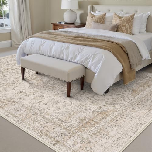 9x12 Beige Vintage Area Rug for Living Room Bedroom Large Traditional Low Pile Soft Carpet Non-Slip Thin Retro Distressed Accent Washable Throw Rug for Dining Room Office Kitchen Indoor