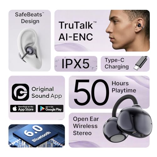 Image of pTron Bassbuds Verse Clips Wireless Open Ear Earbuds w /SafeBeats Tech, 50Hrs Playtime, Dual HD Mics, TruTalk AI-ENC, Custom EQ, Mobile App, Pristine Sound, BTv6.0 Earclips, Type C Charging (Jet Black)