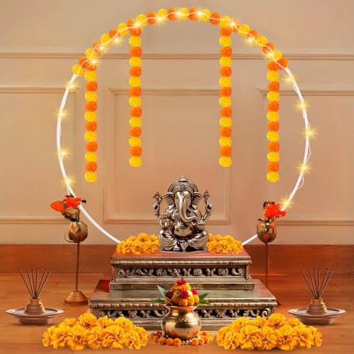 Image of Party Propz Circular Decoration Stand for Backdrop for Pooja - 5 Pcs Ganpati Decoration Setup For Home, Varalakshmi and Janmashtami Backdrop Stand with Artificial Marigold Flowers and Fairy Light