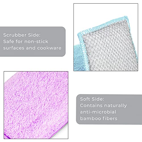 Image of Smart Design Non Scratch Scrub Sponge with Bamboo Odorless Rayon Fiber - Set of 6 - Ultra Absorbent - Soft and Scrubber Side - Cleaning, Dishes, and Hard Stains - Pastel - Blue, Purple, Pink