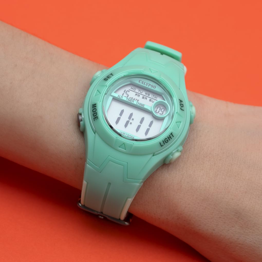 CALYPSO Reloj Digital Infantil Niño Niña de Caucho Verde - Resistente al Agua 10 ATM Fecha y Calendario, Cronógrafo, Doble Horario, Luz, Alarma, 12 y 24 Horas K5849/3 - Junior Collection