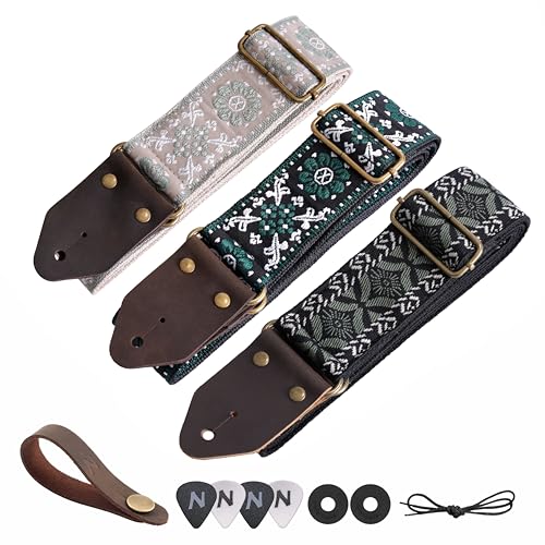 Image of Nefelibata Guitar Strap,Jacquard Embroidery Cotton Guitar Straps with Crazy Horse Leather Ends for Bass, Electric & Acoustic, Best Gifts for Guitarists(Dark Green Flower Embroidery)