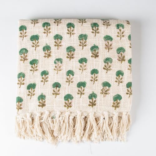Image of Jute Cotton Hand Block Printed Sofa Throw 50 x 70 Inch or 127 x 177.8 Centimeters, Handmade Coverlet for Sofa, Couch & Living Room, Decorative Home Furnishing (Green Buti, Pack of 1)