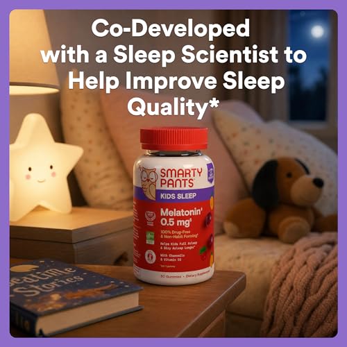 Image of SmartyPants Kids Sleep Melatonin 0.5mg Gummies with Chamomile & Vitamin D3, Gluten Free, Clean Label, Drug Free Sleep Aid, Strawberry Mango Flavor, 60 Gummies (30 Day Supply)