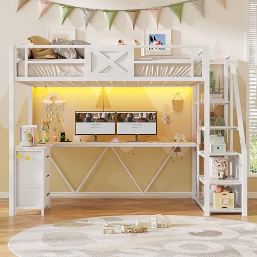 Itaar Twin Loft Bed with L-Shaped Desk, Wardrobe, Storage Stairs, 3 Fabric Drawers, LED Lights, and Charging Station - No Noise & No Box Spring Needed, White