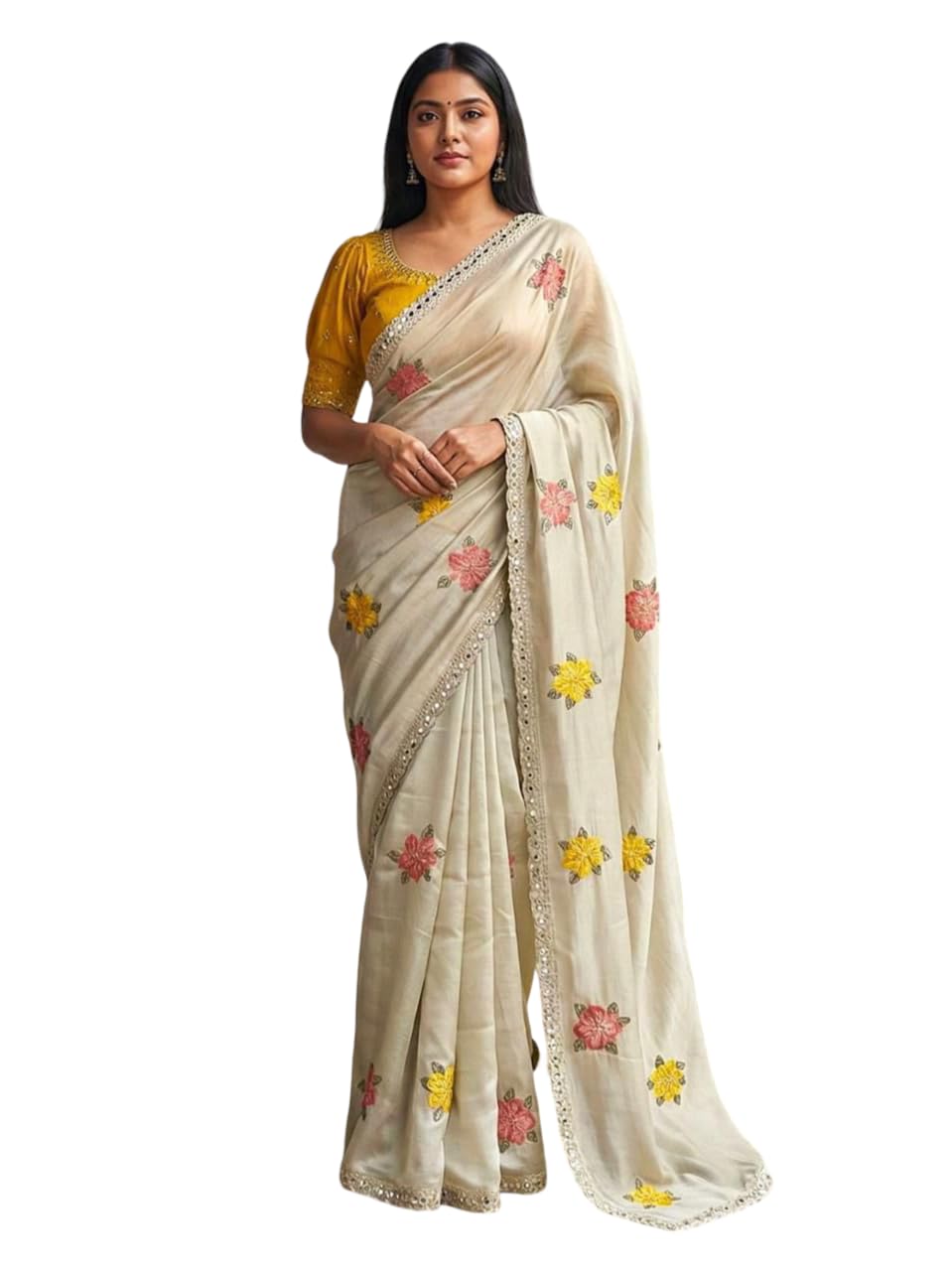 Black Silk Saree for Women with Floral Embroidery & Mirror Work Border | Designer Festive Saree with unstiched Blouse-image-34