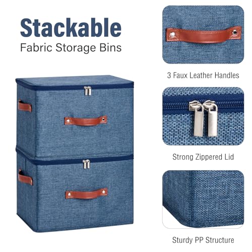 Image of Storage Bin Box with Zippered Lid Cotton Linen Fabric Decorative Basket PU Leather Handles PP Plastic Board Foldable Lidded Clothing Shelf Closet Organizer Container (Denim Blue, Large)
