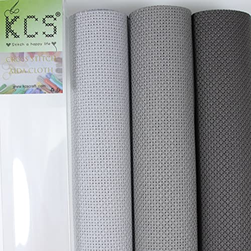 Image of KCS 3 pc of 15 inch x 18 inch Counted Cross Stitch Cotton Aida Cloth Needlework Fabric (Light Grey+Medium Grey+Dark Grey, 14CT)