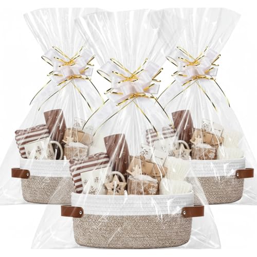 Image of Colingmill 3 Pack Easter Small Woven Basket for Gifts with Handles Clear Bags and Ribbons Empty Storage Basket Decorative Chest Box for Easter Wedding Present(White and Khaki,12 inchx 8 inchx 5 inch)