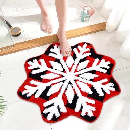 JarThenaAMCS Christmas Bathroom Rug Absorbent Snowflake Bath Mat Non Slip Red Black Plaid Shower Rug Front Door Mat Carpet for Winter Xmas Home Room Entrance, 24" x 24