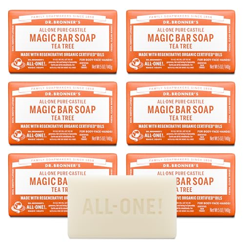 Dr. Bronners Pure-Castile Magic Bar Soap (Tea Tree 5 ounce 6-Pack) - Made with Regenerative Organic Certified Oils For Face Body & Hair Gentle Vegan Non-GMO
