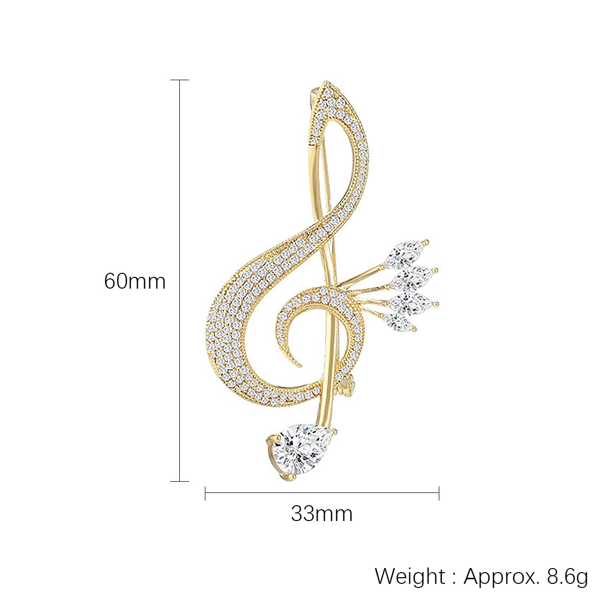 Spilla a Forma di Nota Musicale per Donna, Gioiello alla Moda, da Bavero Color Oro, con zirconi, Regalo per Insegnanti.