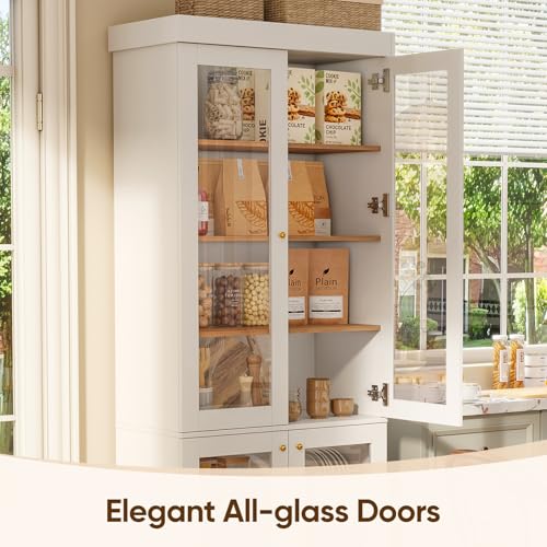 Image of Vyre 70.8 inch Bookshelf with Glass Doors, Farmhouse Modular Bookcase with 6-Tier Adjustable Shelves, Large Storage Cabinet for Living Room & Home Office, Set of 4, White