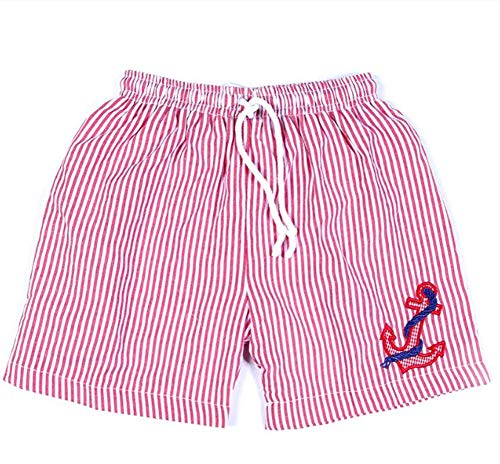 Babeeni Boys Swim Trunks Appliqued Anchor Red Striped Boys Swim Suit NWT 6m-6 (12 Months)