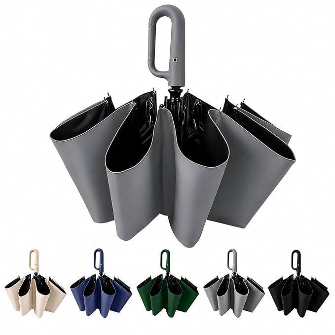Image of LANBRELLA Portable & Folding Travel Umbrella, 3 Fold, Auto Open Close, Water Resistant, Windproof, with Carrying Handle (GREY)