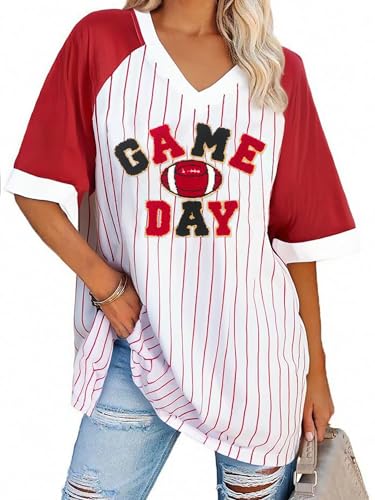 Oversized Football Shirts for Women Game Day Tshirt Sunday Football Graphic Tee Top Funday V-Neck Short Sleeve
