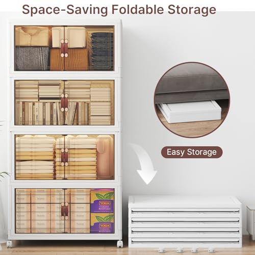 Image of UAMFURI Stackable Storage Bins with Lids, 960QT Closet Organizers, Lockable Storage Cabinet, Foldable Storage Box with Doors and Wheels, Plastic Drawers for Home, Garage, Office (8, White, Large)