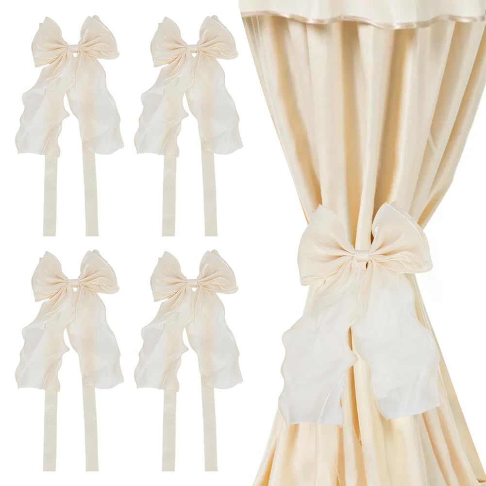 4 fermatenda in seta con fiocco, in pizzo, eleganti nastri di pizzo beige, per tende decorative, per camera da letto, soggiorno, festa di nozze, decorazione per la casa
