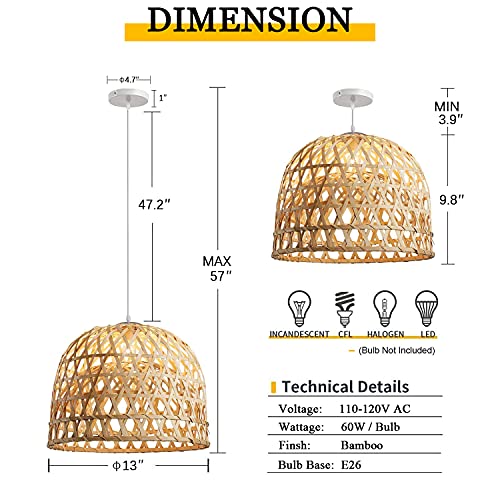 SkyTalent Woven Bamboo Pendant Light, Natural Simple Hand Weaved Pendant Light, Creative Farmhouse Hanging lamp Rattan Chandelier Pendant Light for Dining Room Bedroom - Image 2