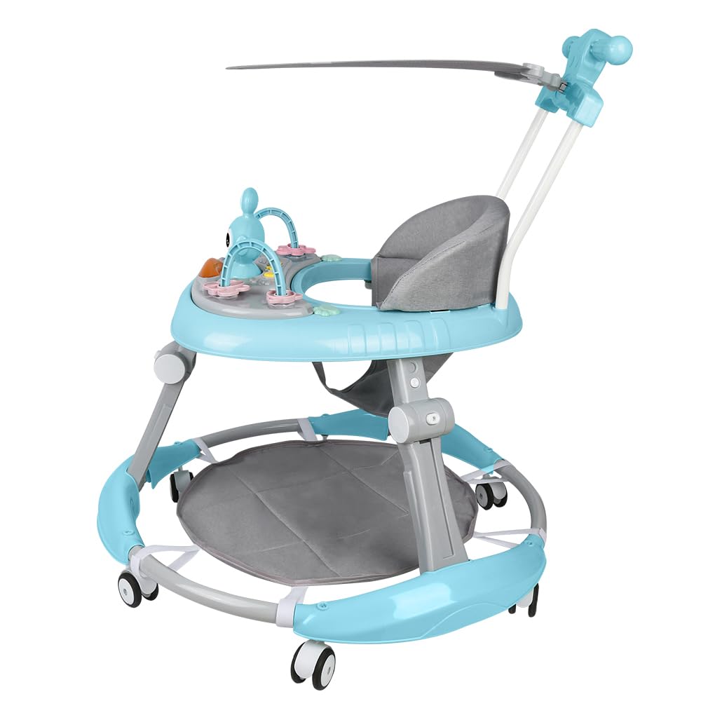 Trotteur Bébé Pliable pour Nourrisson de 6 à 18 Mois - Trotteur pour bébé avec Roues Silencieuses pour Enfant Garçons et Filles - Hauteur Réglable, Rangement Facile-70 * 70 * 91cm- Bleu