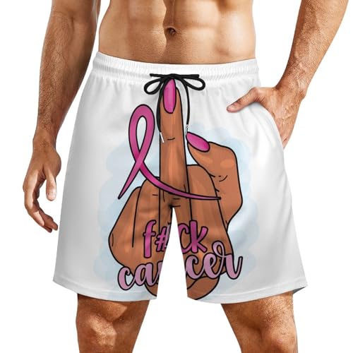 Mens Swim Trunks with Compression Liner, Fuck Breast Cancer Printed Board Shorts
