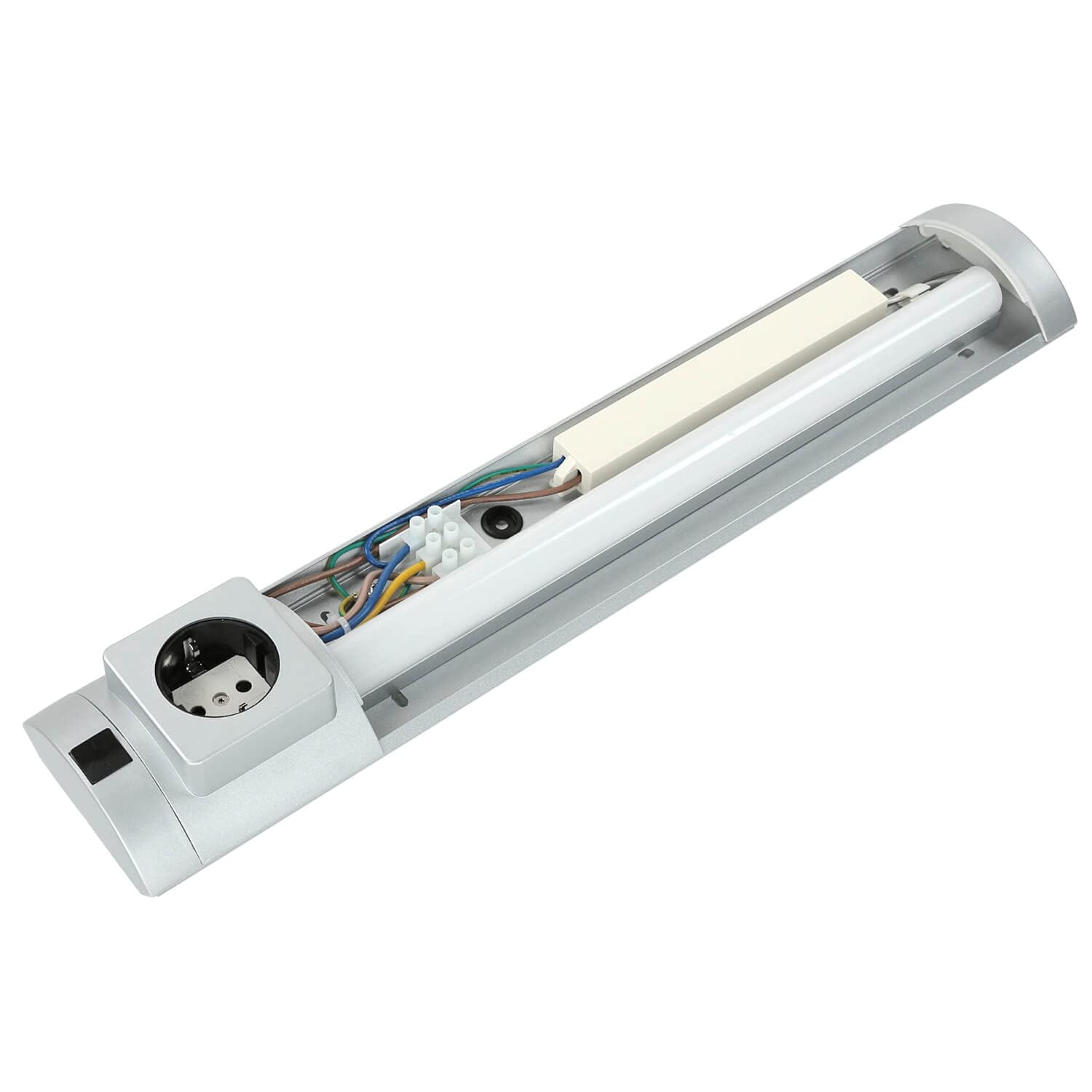 Easylight Lámpara de pared SOFT baño LED con toma de corriente eléctrica luz blanca fría plateada 6500K Aplique con interruptor ideal para Cocina Baño