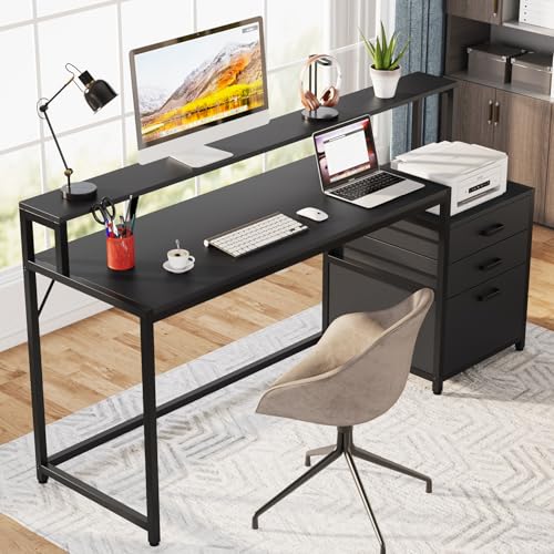 Image of Tribesigns 63 Inch Computer Desk with File Drawer Cabinet, Ergonomic Office Desk with Monitor Stand, Industrial Computer Table with Printer Space, Wood PC Table Workstation Desks for Home Office