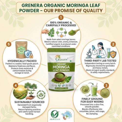 Image of Grenera Organic Moringa Powder 100g, Moringa Leaf Powder (Sahjan /Drumstick), Certified Organic, Pure Shigru Powder