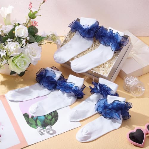 Image of Geyoga 3 Pairs Women Big Ruffle Socks Turn Cuff, Double Lace Ankle Cotton Frilly Socks for Ladies Summer
