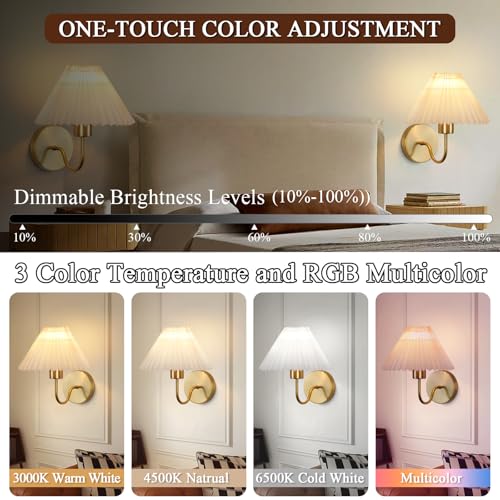 Image of ADISUN Wall Sconces Sets of 2 RGB Battery Operated Wall Sconces for Bedroom Dresser Classic Golden Wall Lamp with Remote for Living Room Bathroom Dining Room Corridor Staircase (4 Bulbs Included)
