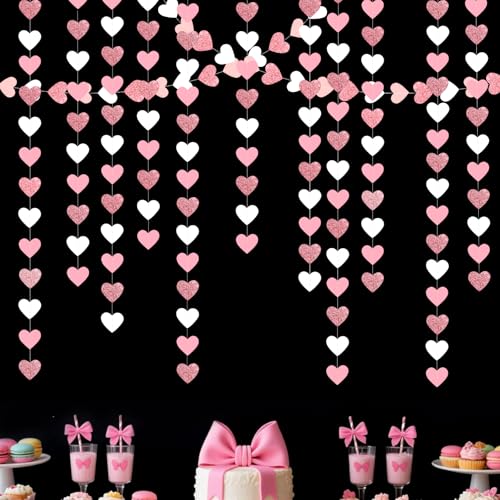 Image of Rose-Gold Pink White Party-Decoration Heart Garland - 39Ft 21st Women Birthday Hanging Backdrop Streamers,Graduation Baby Bridal Shower Engagement Wedding Bachelorette Banner Supplies Decor