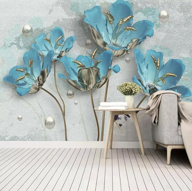 Papier peint 3D fleur bleue pour masquer un mur vide de salon - 3