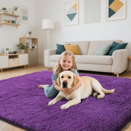 Purple Fluffy Rug Shaggy Area Rug, 3x5 Area Rugs for Girls Bedroom, Soft Cute Baby Play Mat, Indoor Floor Carpet for Teen, Nursery, Preppy Dorm, Plush Aesthetic Bedside Rug