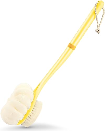 Cepillo corporal de ducha, cerdas suaves y hermosa esponja de calabaza de 14 pulgadas de largo con mango largo, esponja de malla para baño