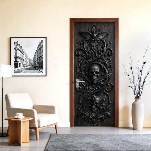 Image of 3D Gothic Skull Door Mural Peel and Stick Halloween Door Cover