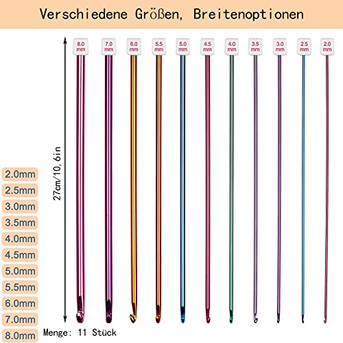 Image of thirei Tunisian Crochet Hooks Set, 11 Pieces, 27 cm, Multi-Colour, for Beginners to Professionals