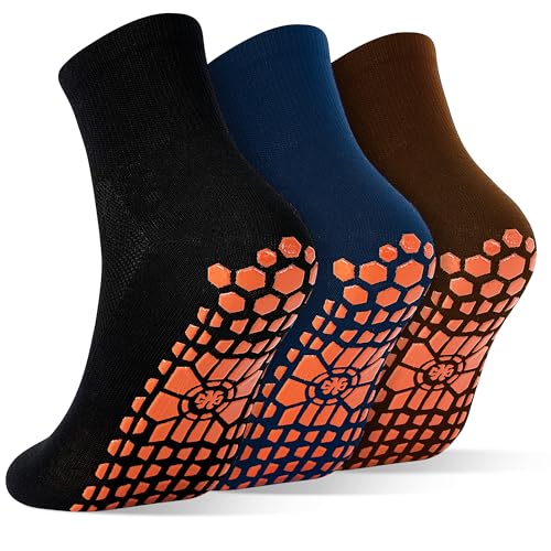 Recopilación de Ropa de Yoga y Pilates para Hombre . 41 SkiBeaut - Calcetines antideslizantes para hombre, 3 pares de pisos de madera de azulejos, antideslizantes, para pilates, yoga, calcetines de hospital, #1 Black+Navy +Coffee, 12-14
