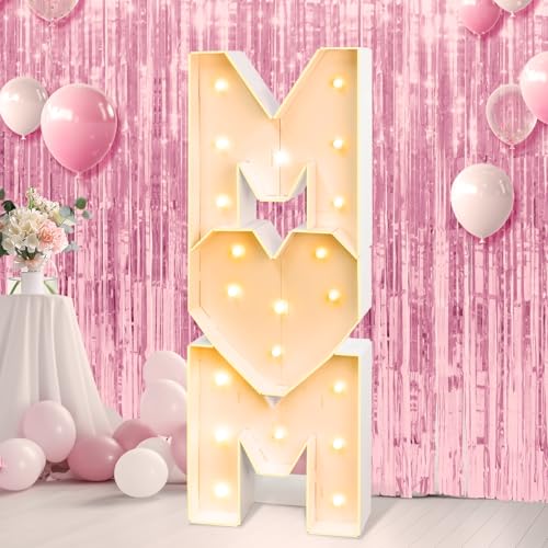 Image of Mother's Day Decorations LED Letter Lights, 4 Feet Tall 'MOM' Marquee Letters Lights Large Heart Sign for Mother's Day Wall Deor Birthday Party Decorations Supplies, White