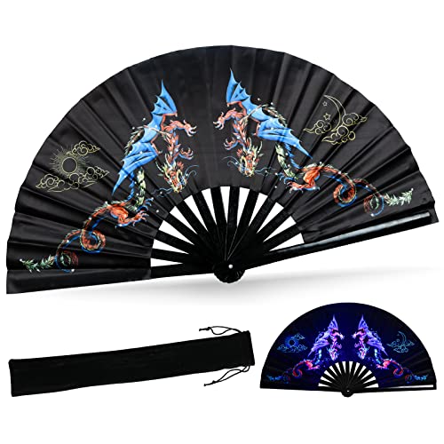 SYNTECSO Folding Hand Fan for Rave, UV Glow Fan, Large Bamboo Fan for Drag Queen, Women and Men Gift?Chinese Japanese Clack Fan for Parties, Music Festivals, EDM and Decoration