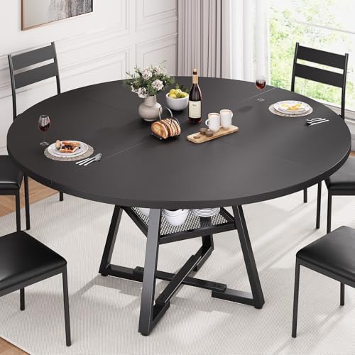 Jocoevol 51'' Round Dining Table for 6,Kitchen Dining Room Circle Dinner Pedestal Table,Space Saving Wood Kitchen & Dining Room Furniture (Black, 51In)