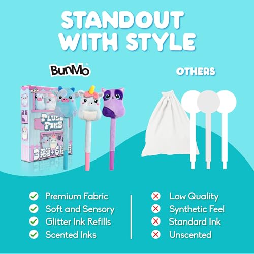 Image of BUNMO Plush Cute Pens 3-Pack - Squishy Animal Pens w /Scented Glitter Ink Refills - Cat, Cow, Unicorn - Fun Writing, Doodling & Journaling for Kids & Teens