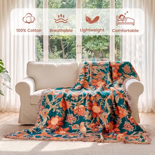 Image of MSGKV Boho Throw Blanket 60 inchx80 inch 100% Cotton Floral Bird Blanket Couch Bed