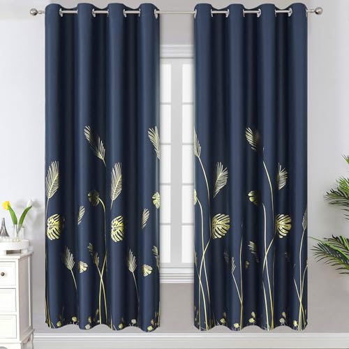 Estelar Textiler Navy Blue Blackout Patterned Curtains for Bedroom 52Wx72L