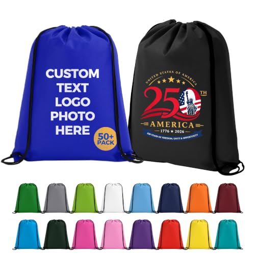 Image of Custom Non-Woven Drawstring Backpacks Personalized Bulk 100 /200 Pack, Customized Draw String Sports Bags with Logo Text, for Events Gym Anniversary Wedding Birthday Party Brand Gifts Men Women
