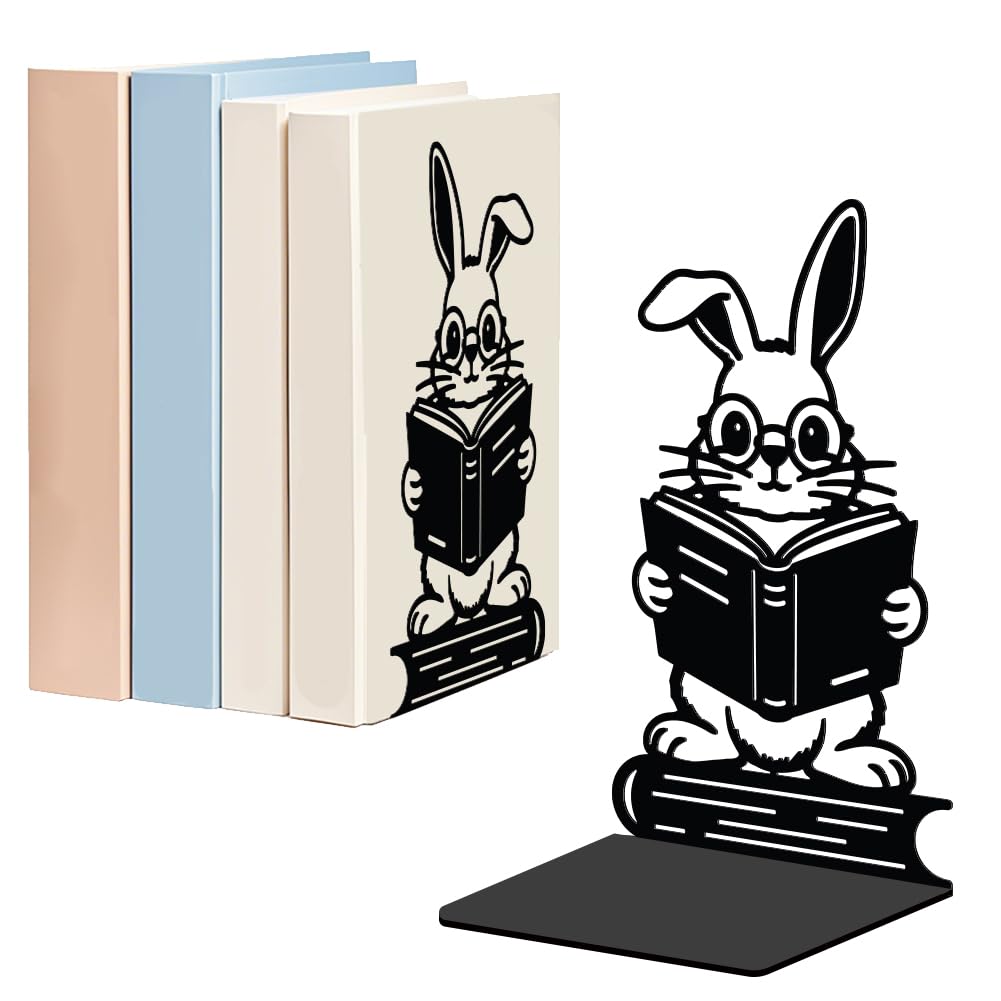 WADORN 1 Pair Cute Rabbit Metal Decorative Bookends, Reading Rabbit Animal Heavy Duty Decorative Book Ends Non-Skid Black Book Holder Stopper for Library Home Office Back to School, 5.3x4.3x7.9 Inch
